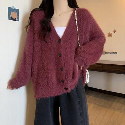 2025 Autumn/Winter Faux Mink V-Neck Knitted Cardigan - Women's Loose Slimming Sweater Coat