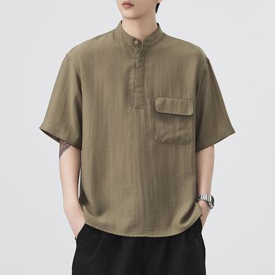 Summer Cotton and Linen Shirt Japanese Retro Men's Short-sleeved Shirt American Trendy Mid-sleeved Shirt
