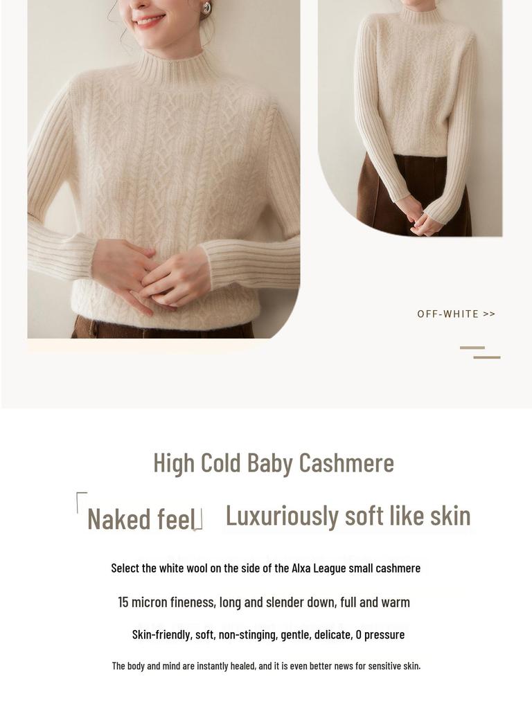 Women's Cable Knit Cashmere Pullover - Thick Half-High Neck Solid Color Sweater for Autumn/Winter
