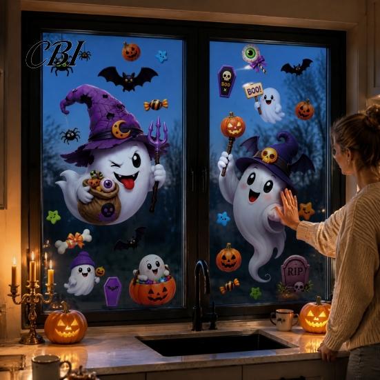 Removable Glass Stickers Halloween Witch Hat Ghost Window Clings, Spiders Bat Pumpkin Spooky Accents for Home Holiday Party Store Decoration Clings