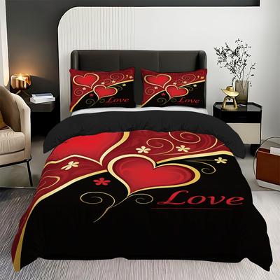 3pcs (1 Duvet Cover, 2 Pillowcases, Coreless), Black and Red Valentine's Day Heart, Love Design Printed Pattern Bedding Set