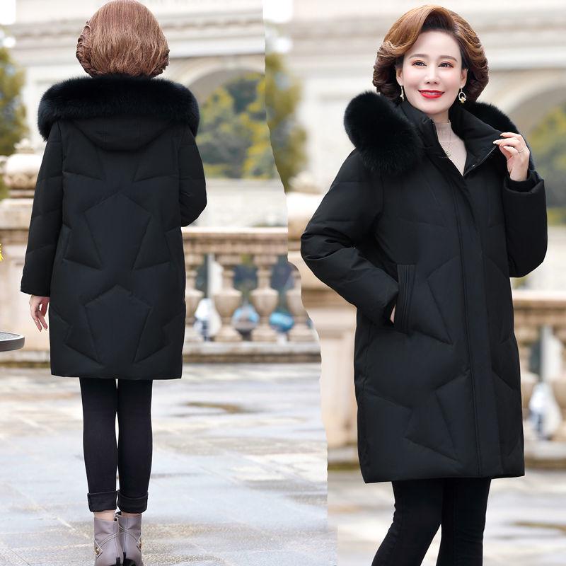 Dámská péřová bunda střední délky v korejském stylu s límcem z pravé kožešiny - Módní pro střední a starší věk