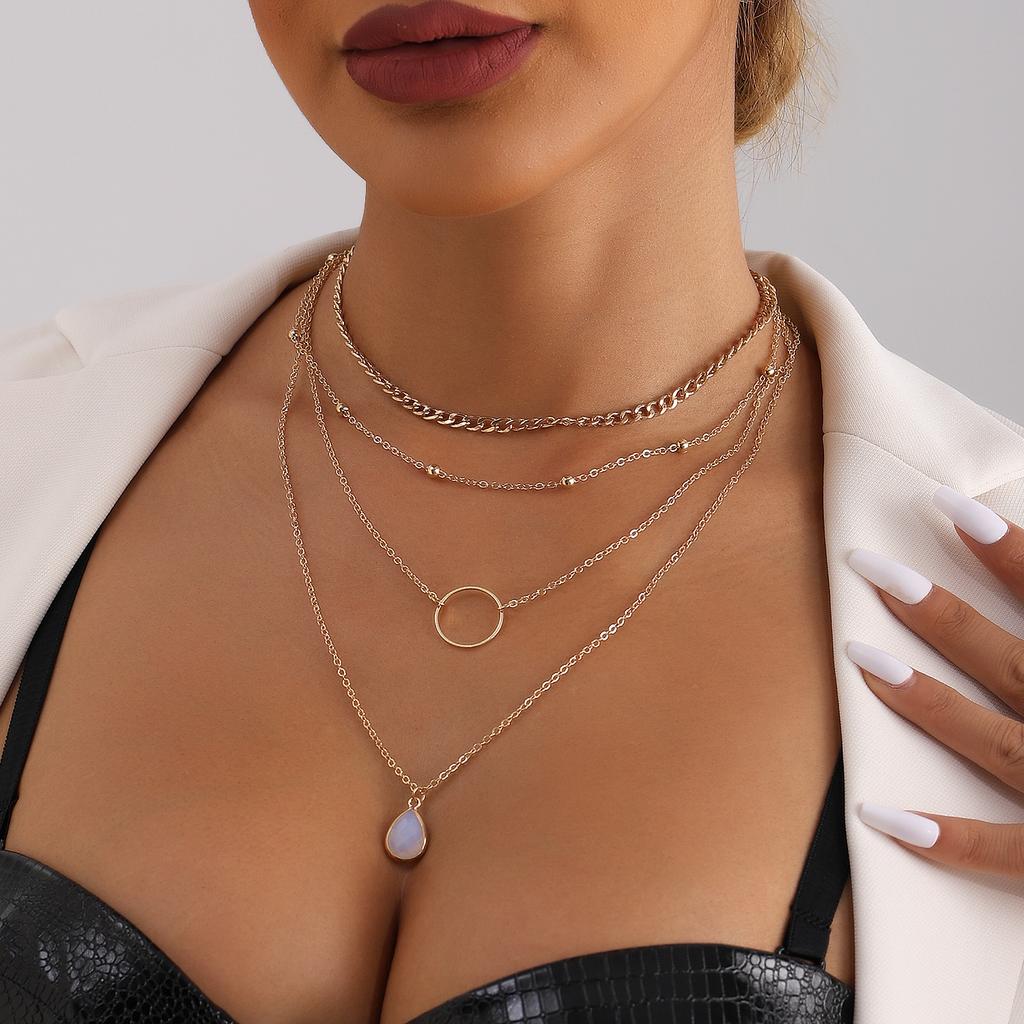 Foreign trade jewelry fashion multi-layer metal chain water drop imitation diamond circle set neck chain stacked collar Spice girl