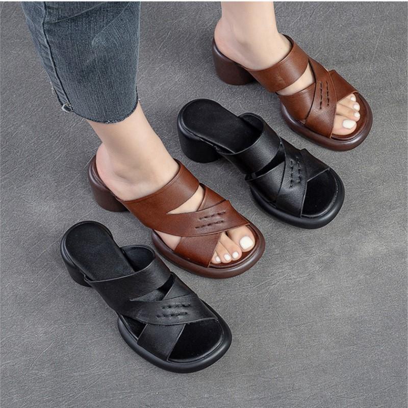 Johnature Hollow Out Breathable High Heel Slippers Genuine Leather Peep Toe Casual Slides Versatile Women Shoes