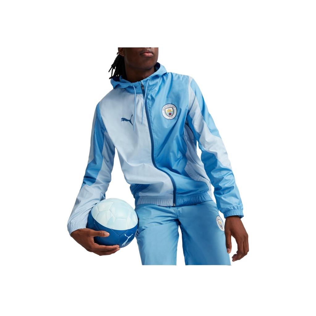 Puma Manchester City Mcfc Prematch Woven Jacket Color Block Design Casual Hooded Long Sleeve Woven Jacket Men Jacket Blue Silver-Gray 774372-02