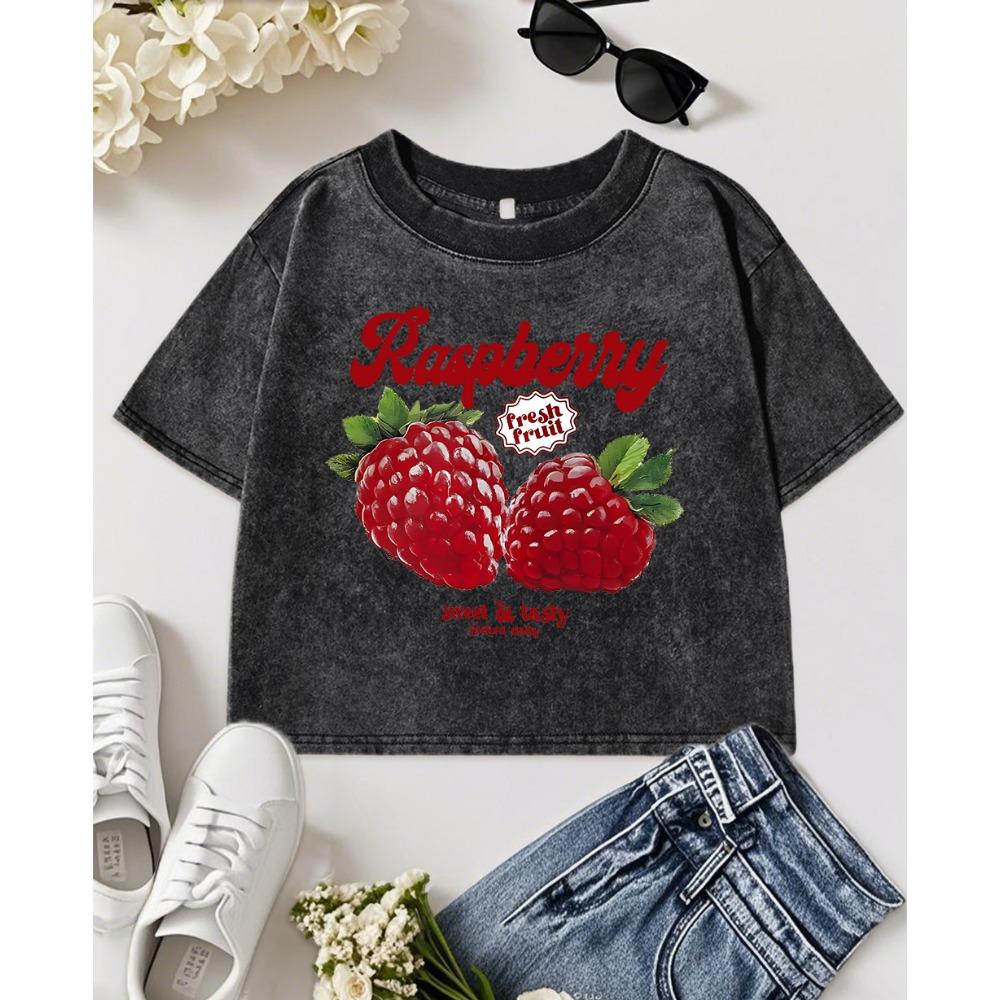 Fresh Raspberry Fruit Sweet Tasty Picked Daily Print Women Washed T-Shirt Slim Y2K Clothes Summer Cotton Top T Shirt