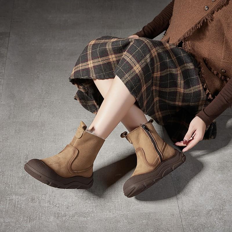 Johnature Genuine Leather Wool Warm Boots Round Toe Thick Soled Side Zipper Retro Women's Short Boots