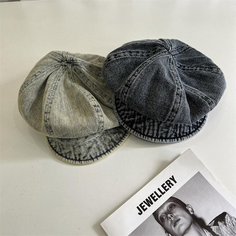 Washed and Old Denim Slim Short Brim Octagonal Hat Women's Spring and Autumn Sunshade Sunscreen Cloud Hat Fashion Hat