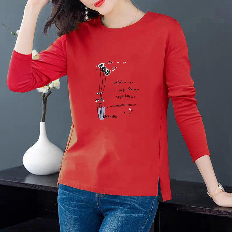 Spring and Autumn Women's Pure Cotton Long-Sleeve Split Round Neck Loose T-Shirt