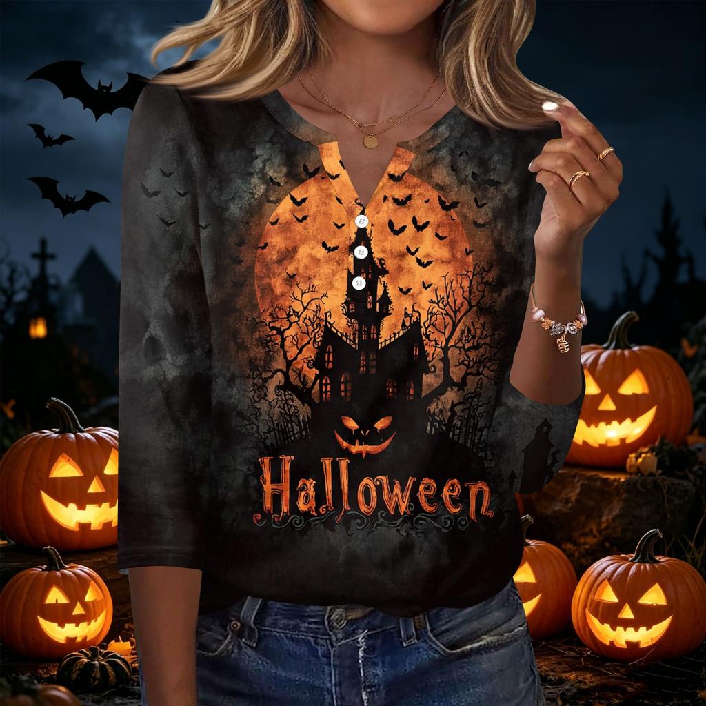 Women's Casual Halloween Print V Neck Button Front Three Quarter Sleeve T Shirt Top with Spooky Haunted House Design for Fall