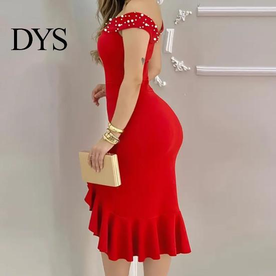 Sleeveless Dress Evening Off Shoulder Sheath Irregular Ruffle Hem Slim Fit Solid Off-the-shoulder Gown Color Faux Pearl Decor Midi for Party