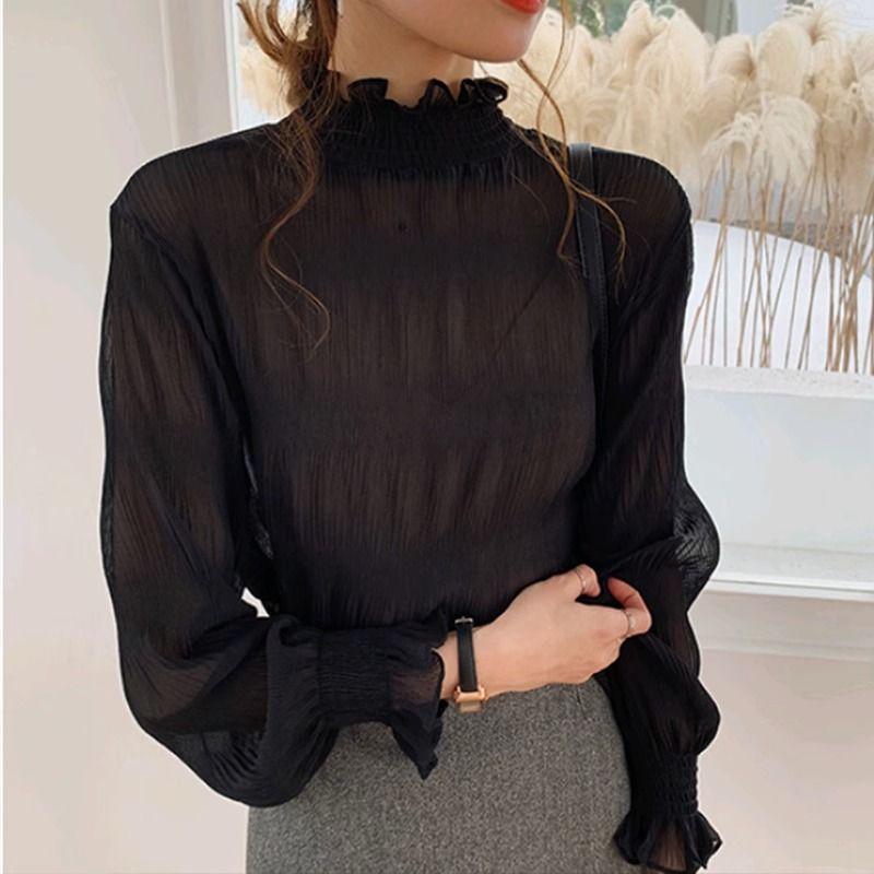 

Женские рубашки с кружевом весна-осень, женские свободные однотонные рубашки, топы, женские водолазки с длинным рукавом, популярные блузки XXL