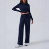 Women Long Sleeve Top Solid Drawstring Wide Leg Casual Pants Two Piece Set