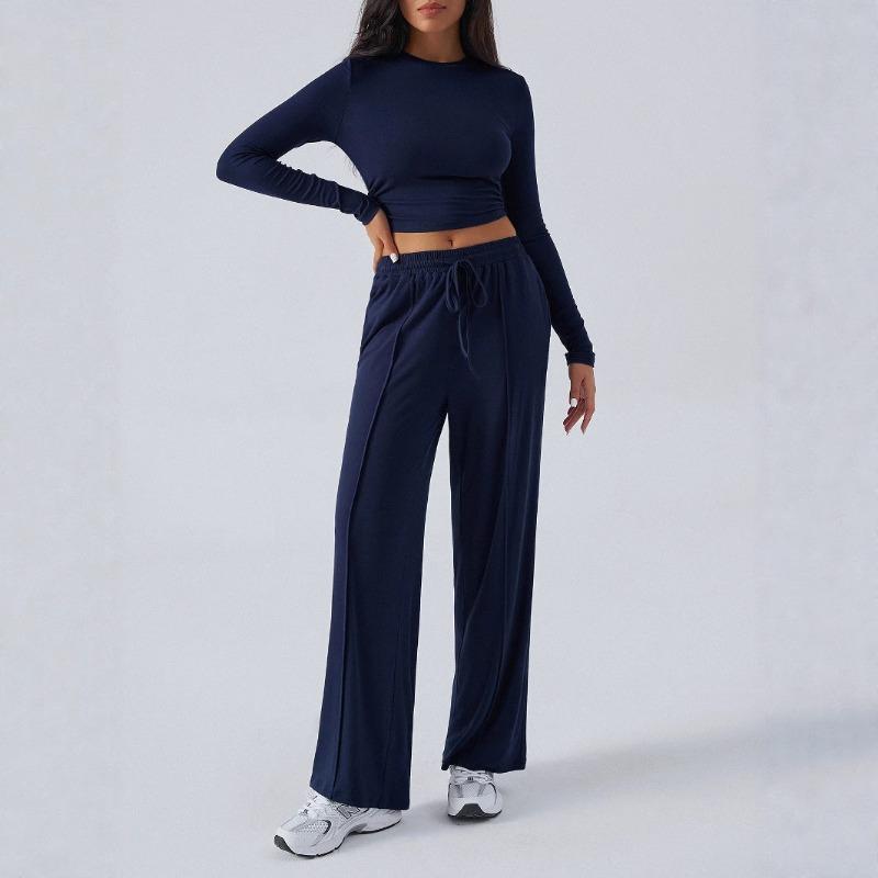 Women Long Sleeve Top Solid Drawstring Wide Leg Casual Pants Two Piece Set