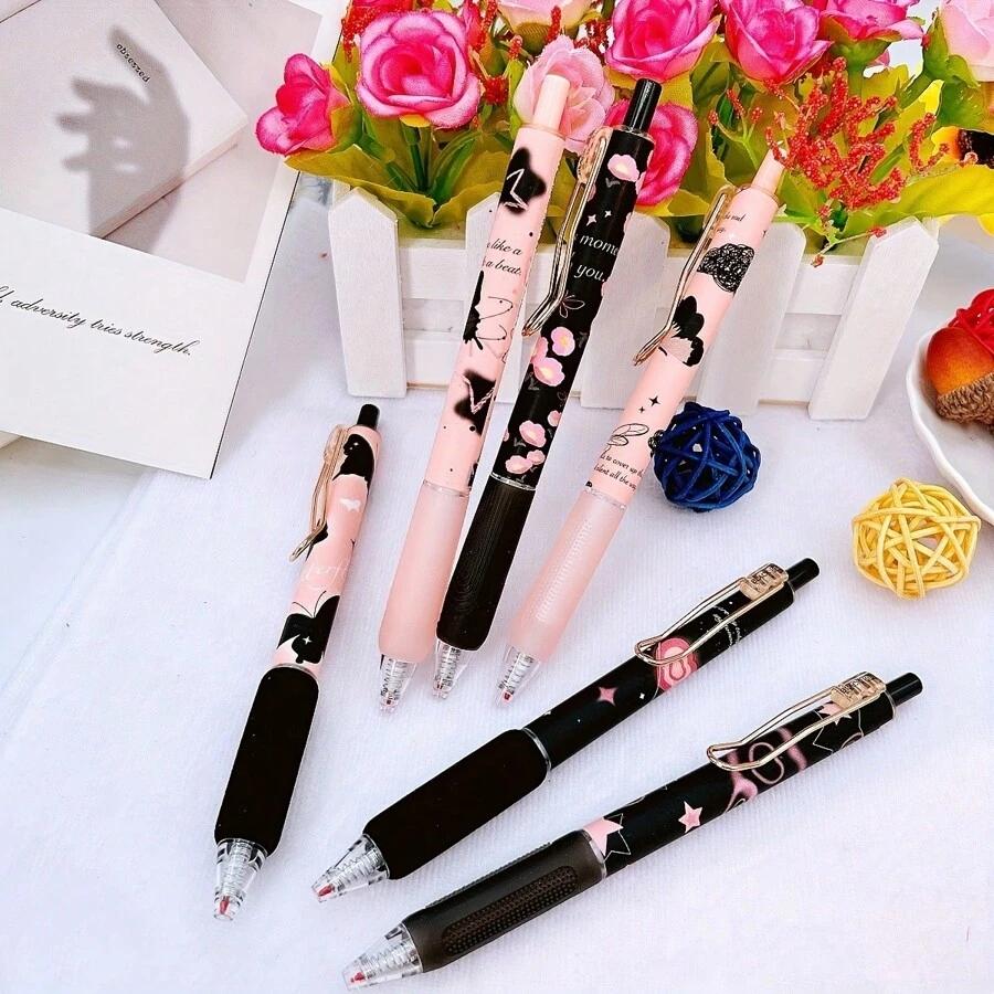 6pcs Butterfly Gel Pen Set 0.5mm Black Ink Flower Rose Sweet Ballpoint Pens for Writing Student School Supplies