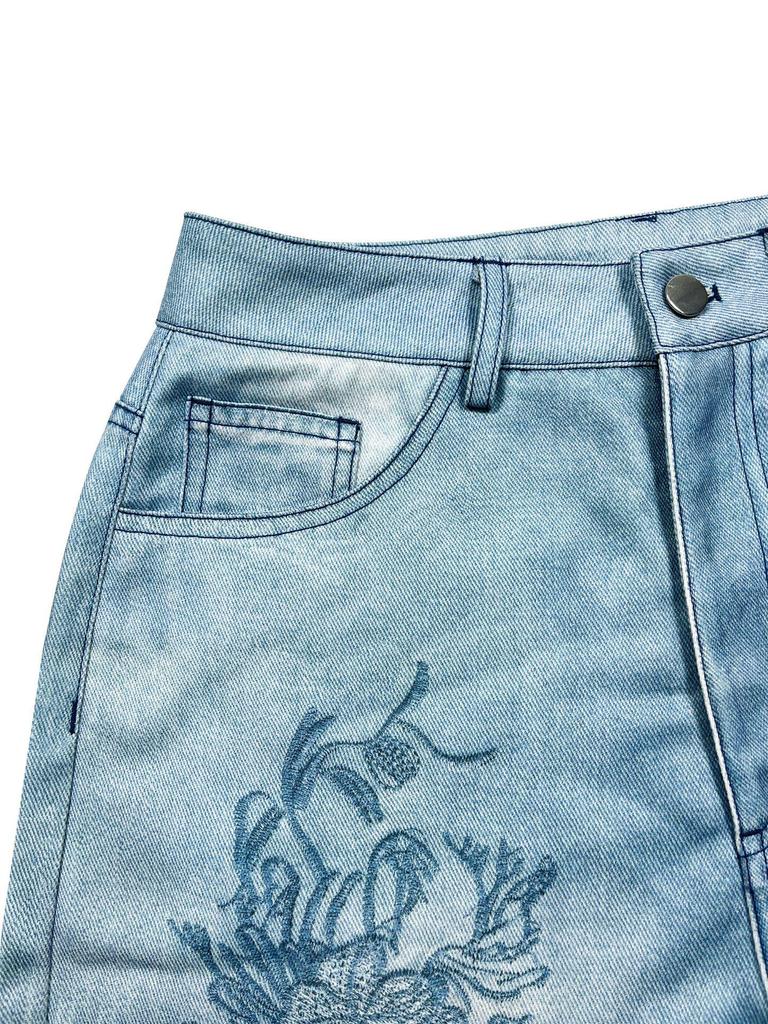 Women's Embroidered Wide-Leg Mid-Waist Summer Jeans N011