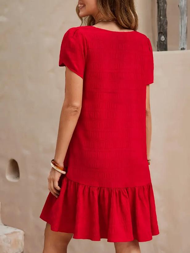 V-Neck Solid Color Loose Casual Short-Sleeved Dress