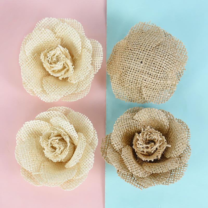 1-5Pcs Jute Hessian Burlap Rose Flowers Heads DIY Linen Handmade Flower Craft Accessories Vintage Rustic Wedding Home Decoration