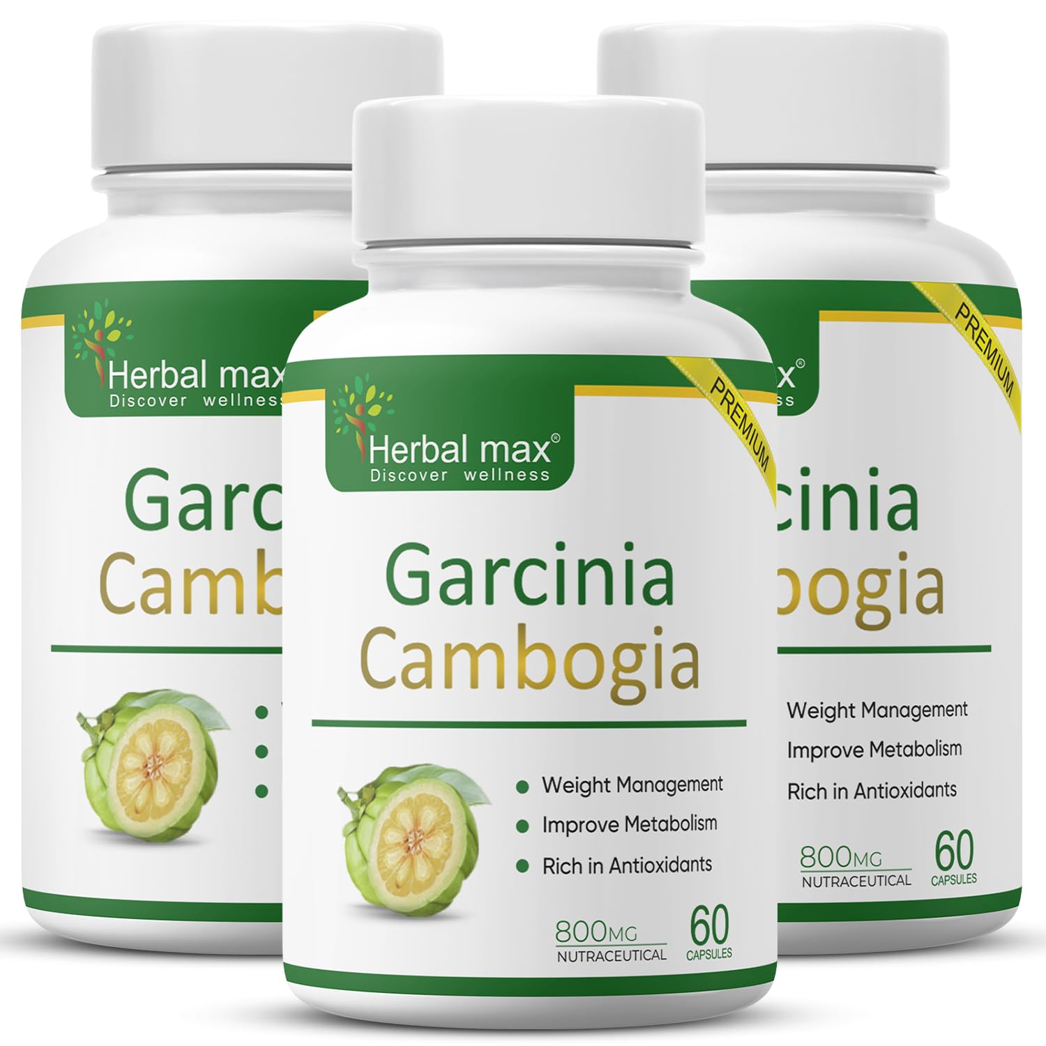 

Herbal Max Garcinia Cambogia Capsule With 60% Hca | 60 Capsules 100gm 0.2lbs Each Pack Of 3