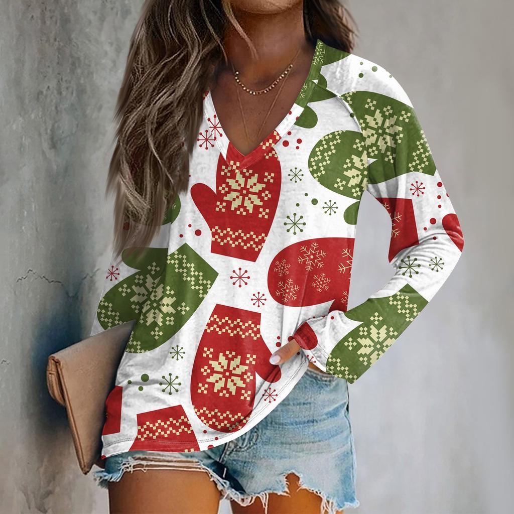 Bluză cu mâneci lungi cu decolteu în V, cu mâneci lungi, cu imprimeu grafic de Crăciun