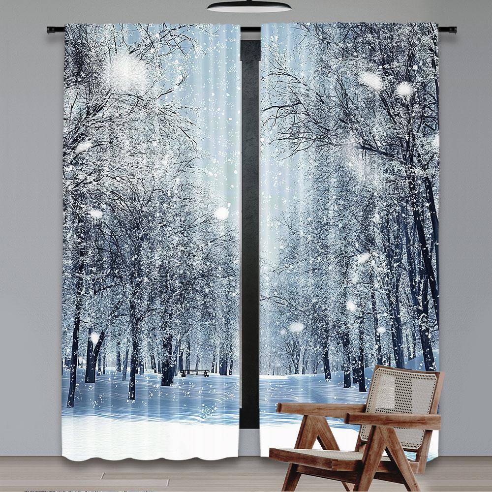 2Pcs Forest Curtains Snowy Trees Of The Farmhouse Wildlife Scenery In Frosty Winter Park Living Room Bedroom Window Drapes