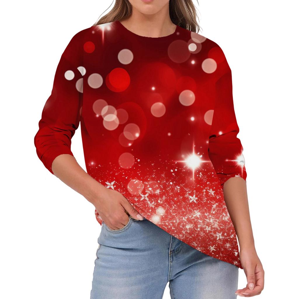 Women's Fashion Casual Christmas Print Round Neck Solid Color Long Sleeve Top