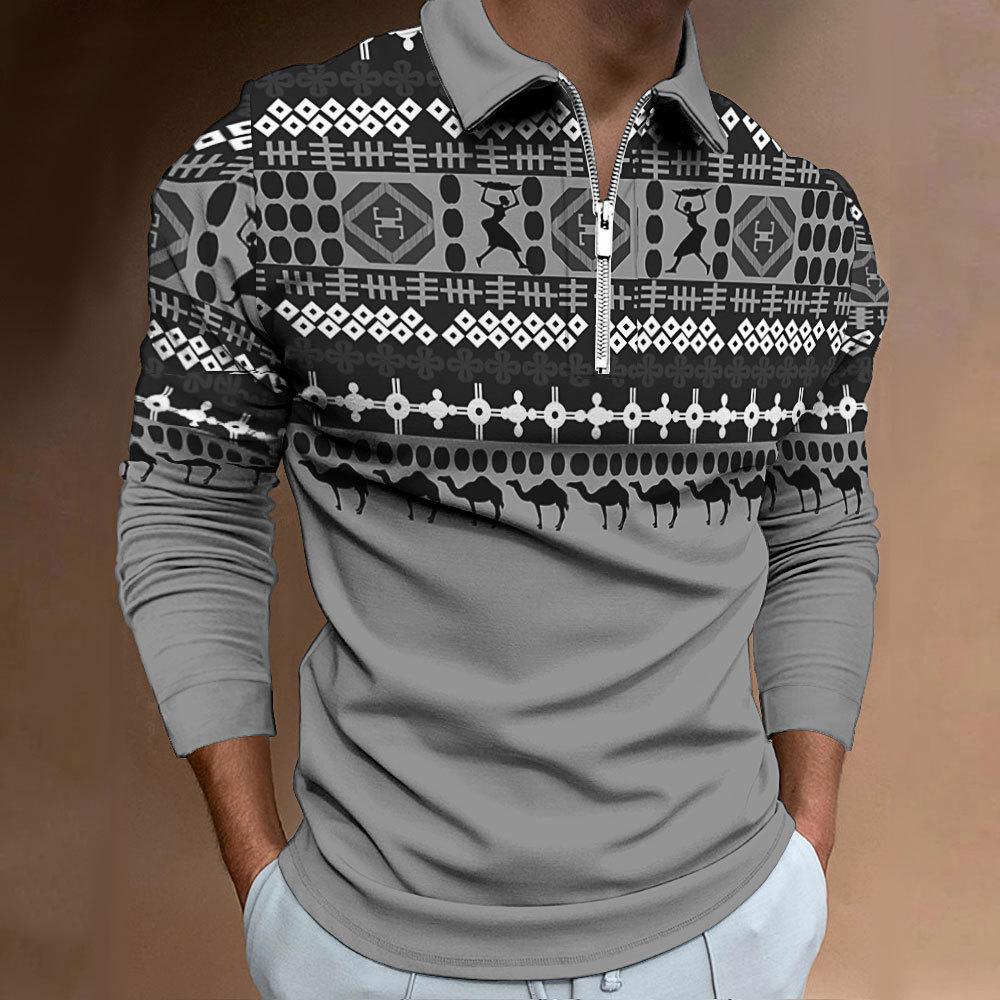 Men's New Zip Casual Slim Men's Slim African Style Digital Print Long Sleeve Polo Shirt