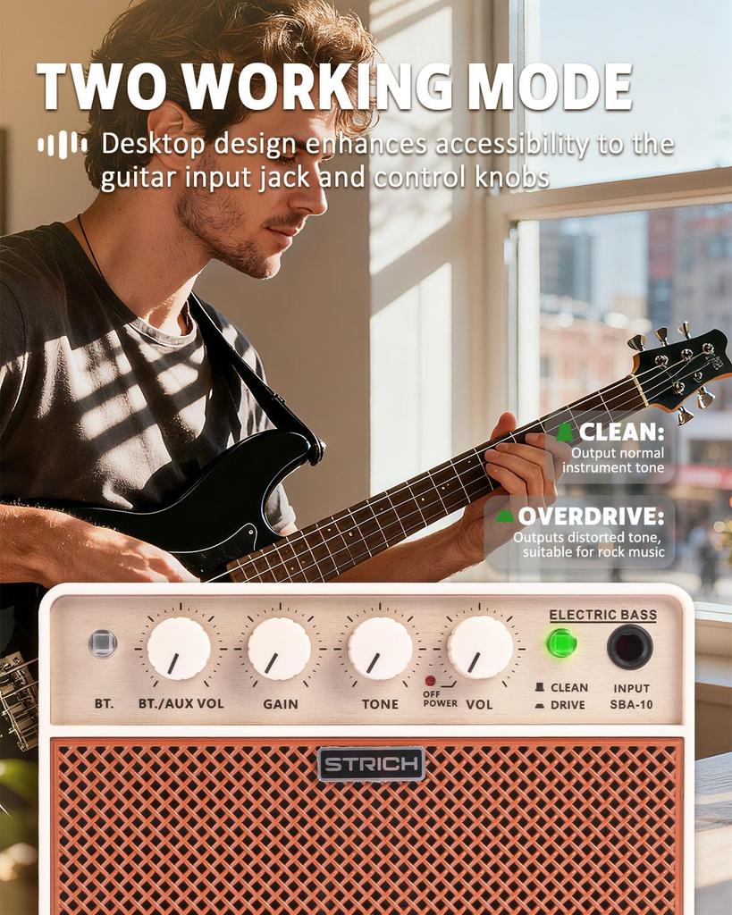 STRICH Mini Bassverstärker, 5W x 2, Tragbar, mit kabelloser Konnektivität, Clean & Drive Kanäle, für E-Bass, SBA-10