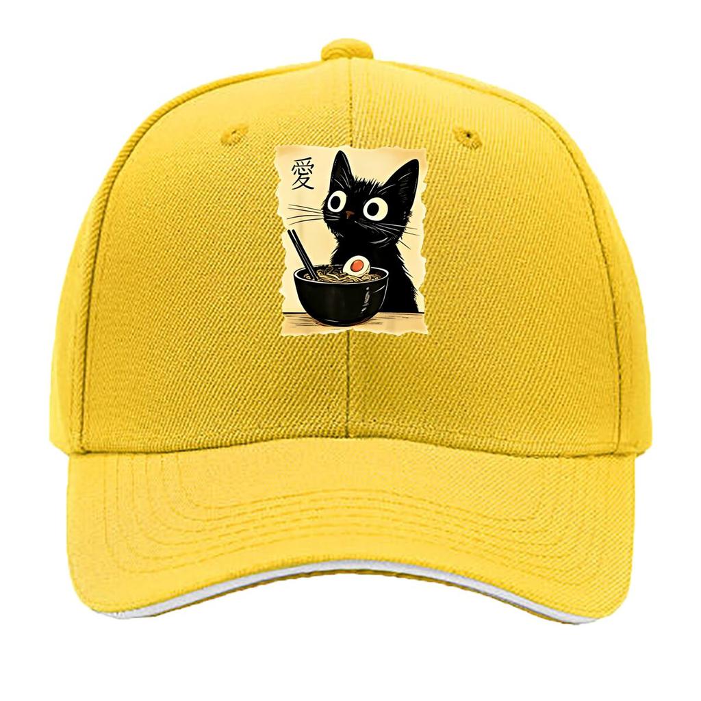 One Fashionable Printed Cartoon Cat Noodles Pattern Summer Curved Brim Cap Trendy Daily Wear Duckb Sandwich Baseball Cap