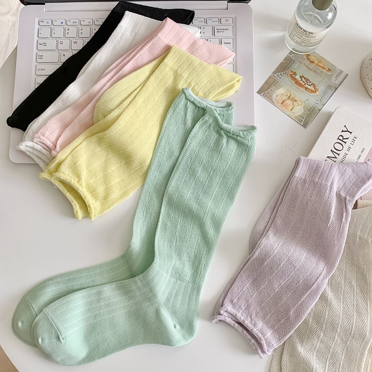 Women Socks Hollow Out Mesh Thin Breathable Summer Loose Long Socks Women Casual Fashion Solid Color Black White Gray Socks Sox