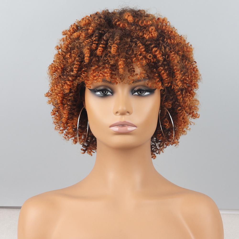 MISS WIG Kurze schwarze Afro-Lockenperücken mit Pony für schwarze Frauen, flauschige synthetische afrikanische Ombre-Perücken
