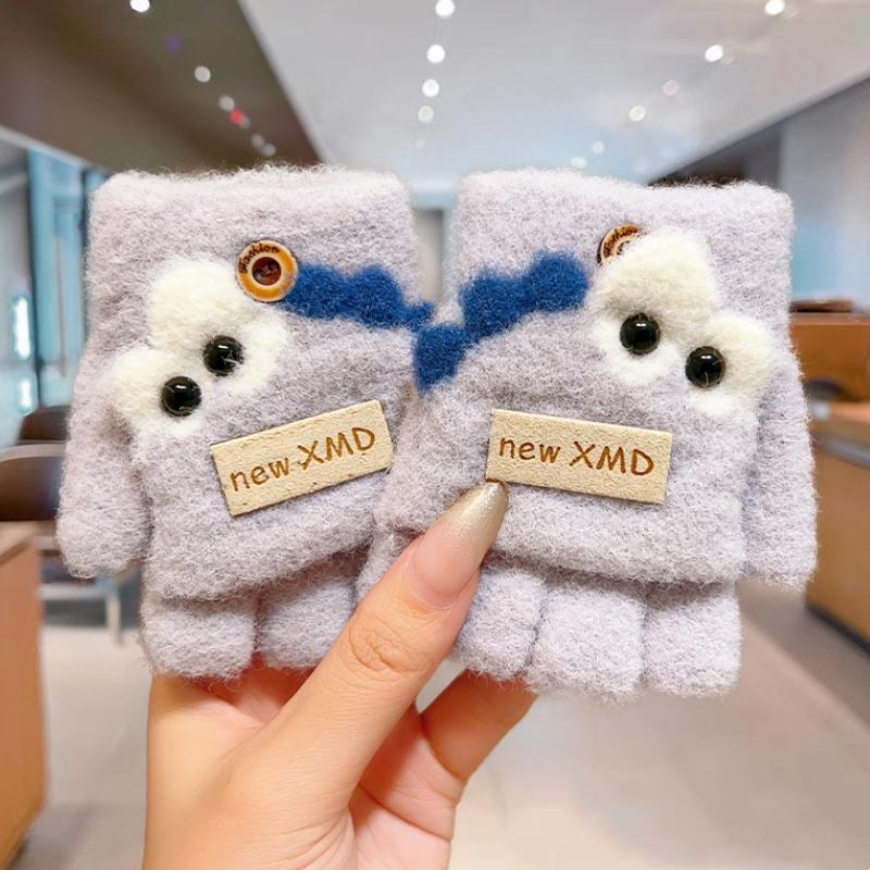 Cartoon Autumn Winter Gloves Cold Proof Windproof Baby Children Half Finger Flap Gloves Thickened Hand Warmer