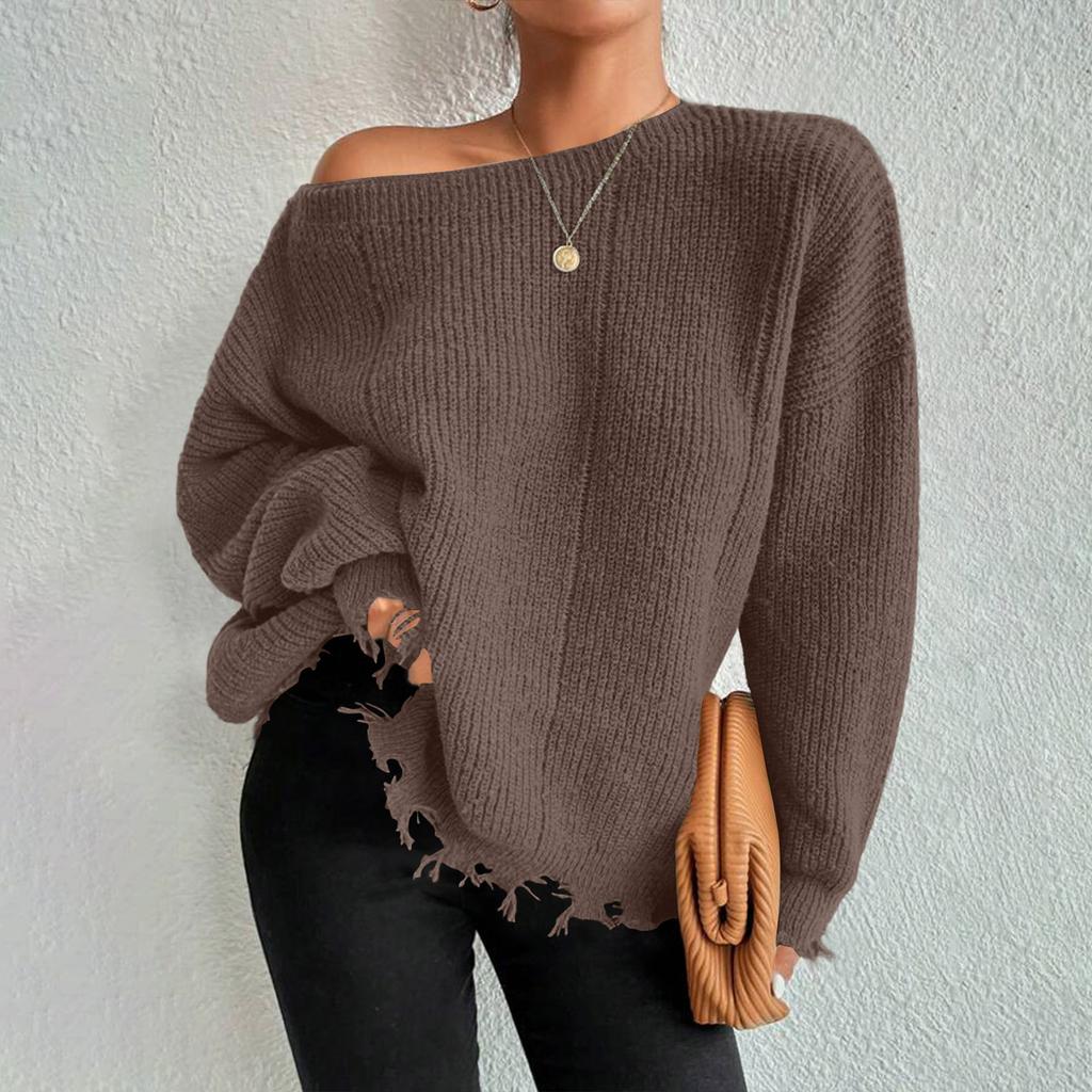 Women's Fashionable Round Neck Casual Solid Color Long-sleeved Off-shoulder Sweater