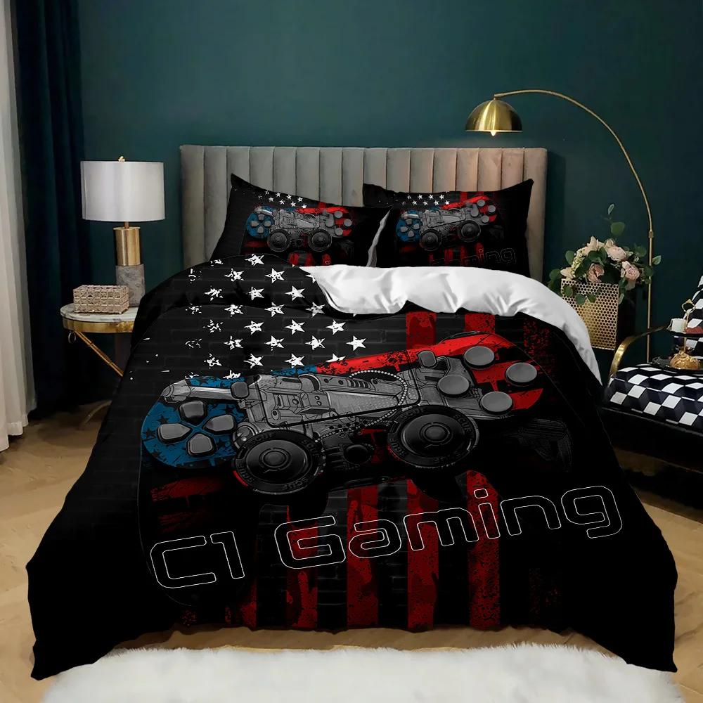 Gamepad Duvet Cover Set Twin King Size Polyester Gaming Comforter Cover Gamer Decor for Teen Boys Green Neon Gamepad Bedding Set