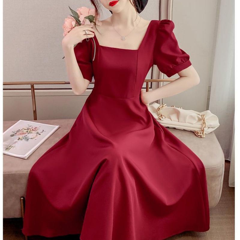 Plus Size Women s Retro Hepburn Little Black Dress - Waist-Cinched Slimming Square Neck for 2026 Summer L красный