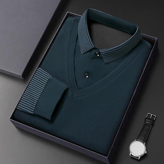 Men Fall Winter Top Fake Two-piece Pluish Lined Turn-down Collar Formal Business Style Shirt Mid-aged Men Father Office Work Clothes