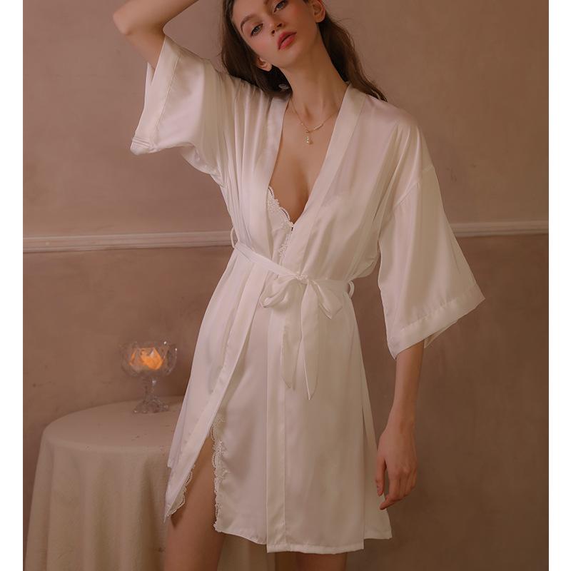 Sexy Pajamas Women's Ice Silk Summer Thin Swinging Collar Beautiful Back Lace Pure Desire Wind Suspender Nightdress Two-piece Set Can Be