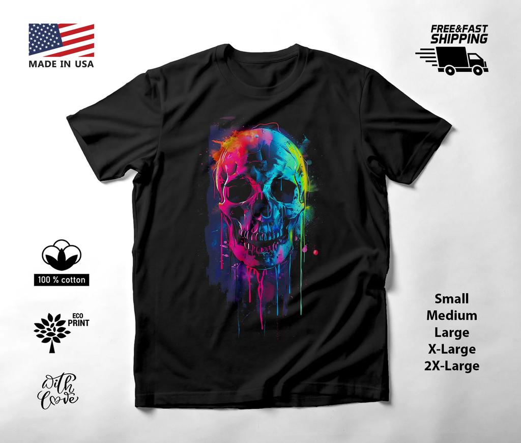Colorful Skull Neon Graphic T-Shirt Black Unisex S-2XL