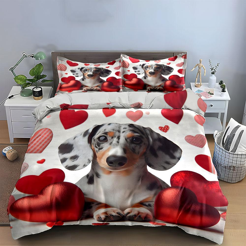 "Adorable Dog with Romantic Hearts printed 3PC, kid's and adults' bedroom decor, Exquisite three-piece bedding set gift