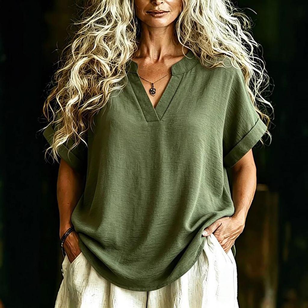 Women's Fashionable Casual V-neck Short-sleeved Loose-fitting Shirt T-shirt