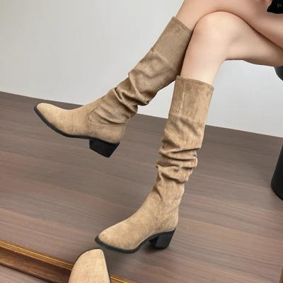 New Women's Autumn and Winter Thick-heeled Shoes, High-top Retro Slimming Pleated Boots