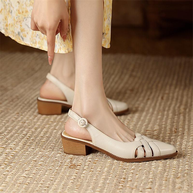 Fashion Summer Sandals Genuine Leather Sandals Casual French Retro Pointed Toe Hollow Out GLADIATOR Sheepskin Sandals Thick Heel Shoes