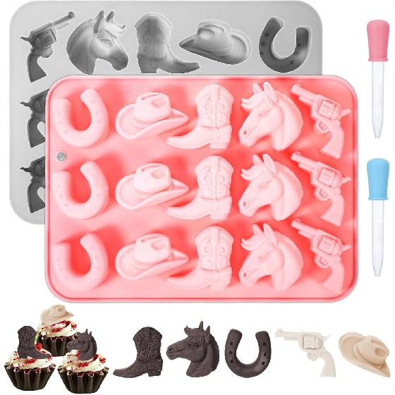 2 Pcs Cowboy Chocolate Molds Silicone, Chocolate Silicone Mold Shaped with Cowboy Hat Cowboy Boot Horse Saddle Pistol, DIY Baking Cupcakes Cakesicle fenhui