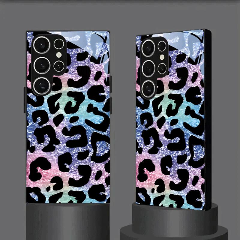 Leopard Print Gradient Tempered Glass Phone Case Suitable for Samsung Galaxy S26 S25 S24 S22 S21 S20 FE/Ultra/Plus Anti Drop