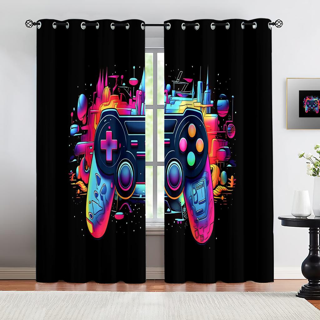 Rainbow Neon Cyberpunk City Gamepad Full Print Curtain Set Dark Base Futuristic Tech Gaming Blackout Curtains For Teen Boys