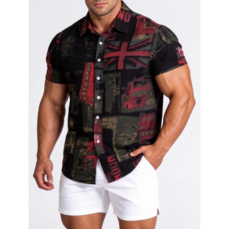 Men Retro London Bus Print Short Sleeve Button Down Casual Summer Beach Shirt M