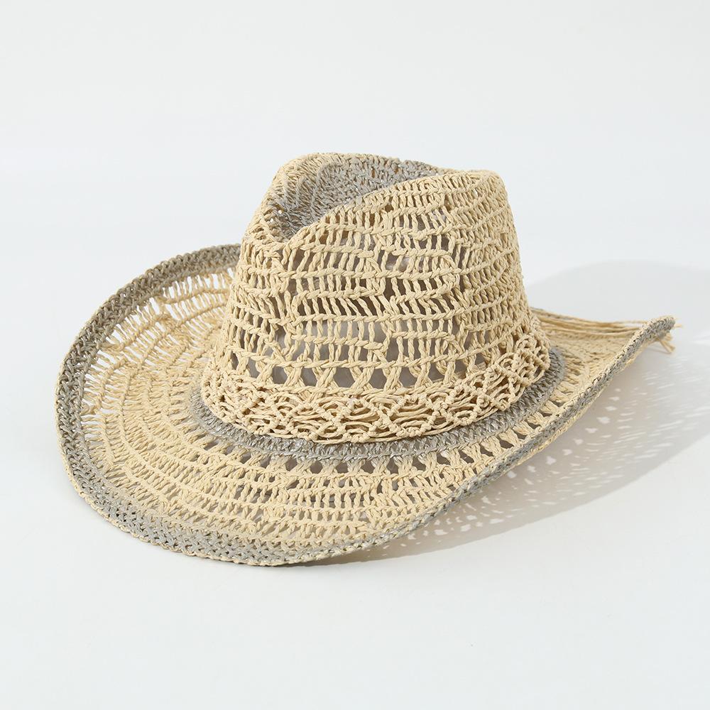 New Hot Sale Curved Brim Hollow Denim Straw Hat, Painted Gradient Sun Beach Fedora, Summer Vacation Cap