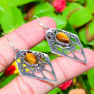 Natural Tiger Eye Gemstone Handmade 925 Sterling Silver Earring 2.32" V9y11