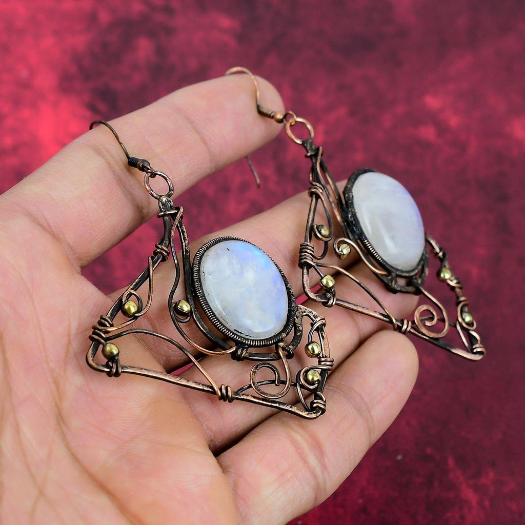 Regenbogenmondstein Ohrring Kupferdraht Gewickelte Ohrringe Handgemachter Schmuck Natürlicher Edelstein Ohrring Schöner Kupferschmuck Jahrestagsgeschenke