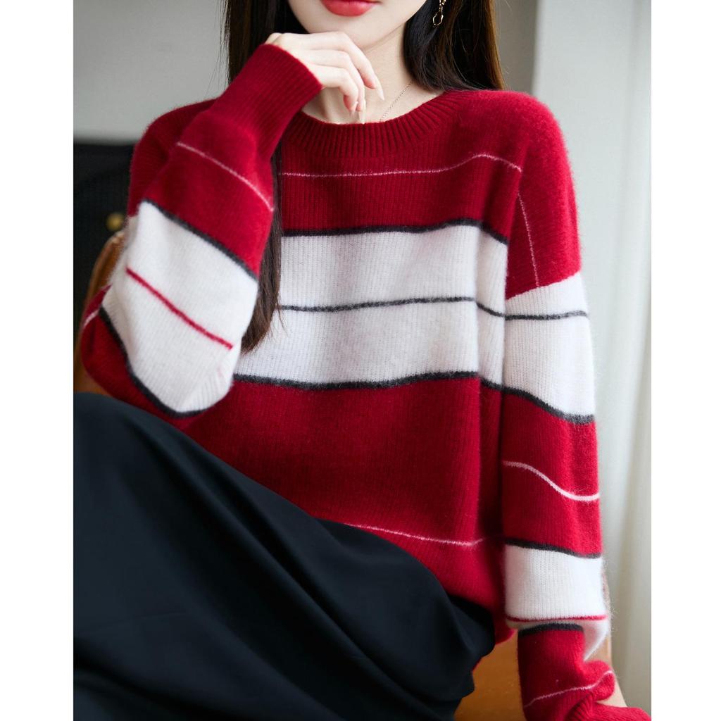 Women's Striped Pure Wool Round Neck Sweater - Autumn/Winter, Thick, Loose Knit, Versatile Base Layer